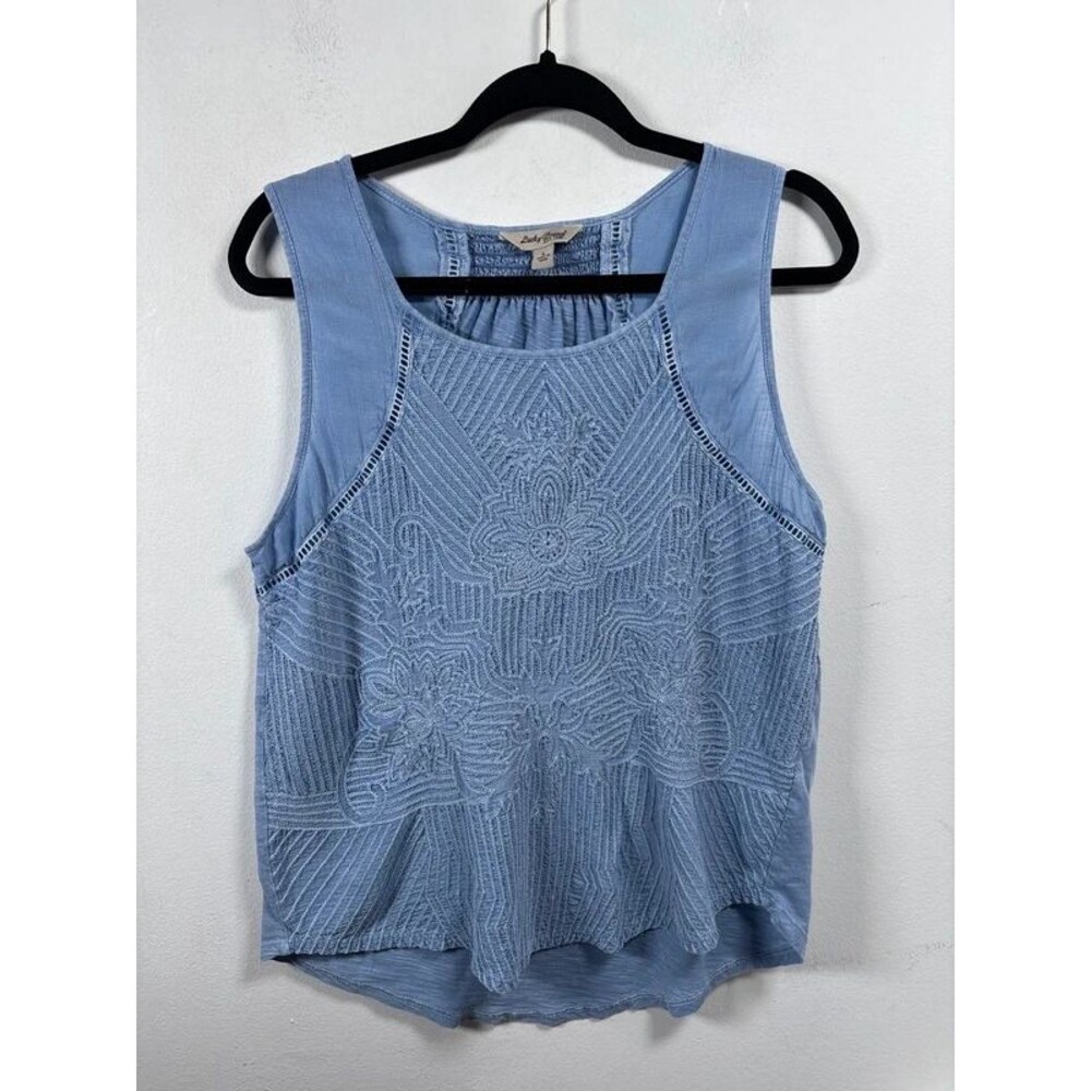 Lucky Brand Y2K Boho Embroidered Floral Sleeveless Top Blue Tunic Women’s L